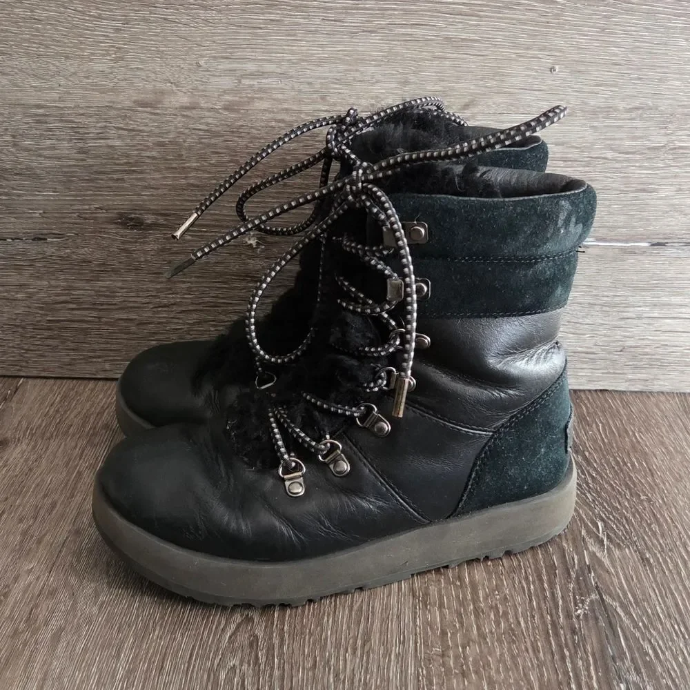 Ugg Viki  Sheepskin Waterproof Boots Women 6 Black Leather Shearling Vibram Sole